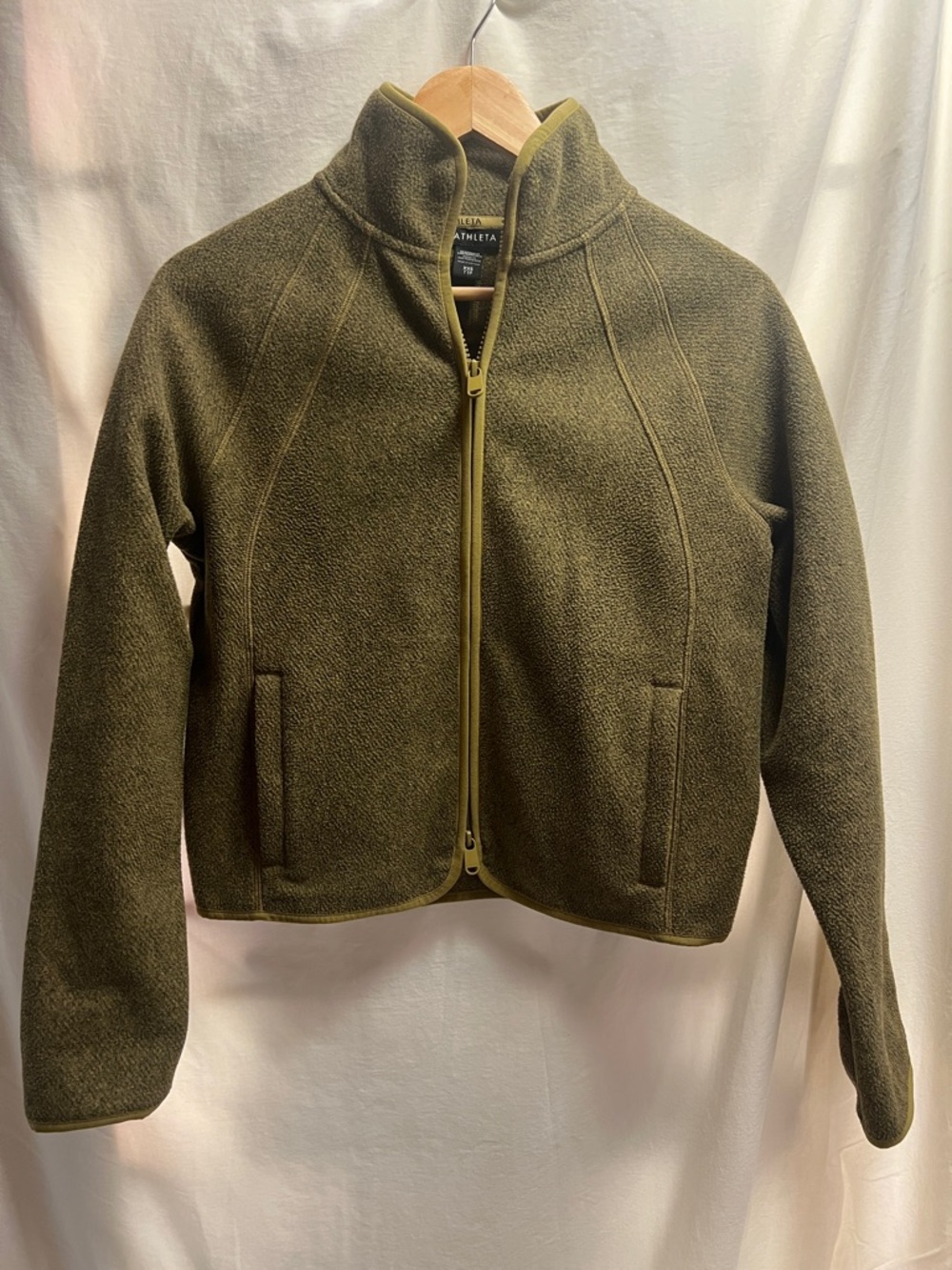 Athleta Olive Green Full-Zip Fleece Jacket with Stand Collar